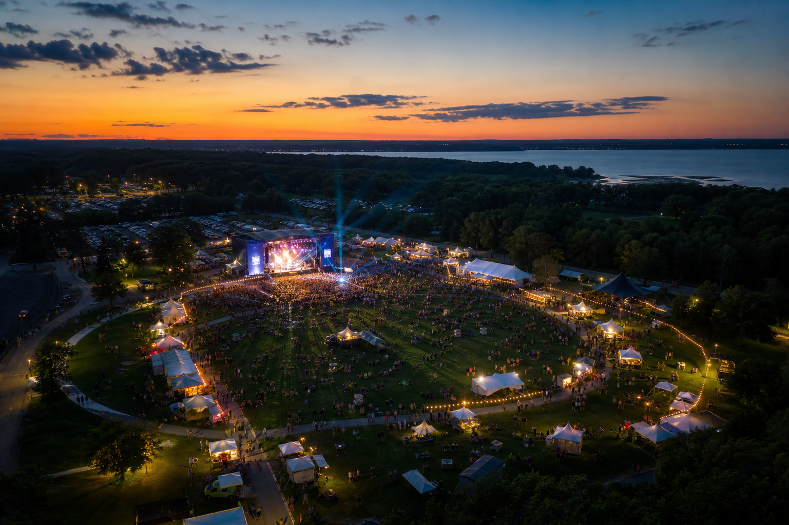 Evening aerial view of an outdoor festival with stage lights and tents
