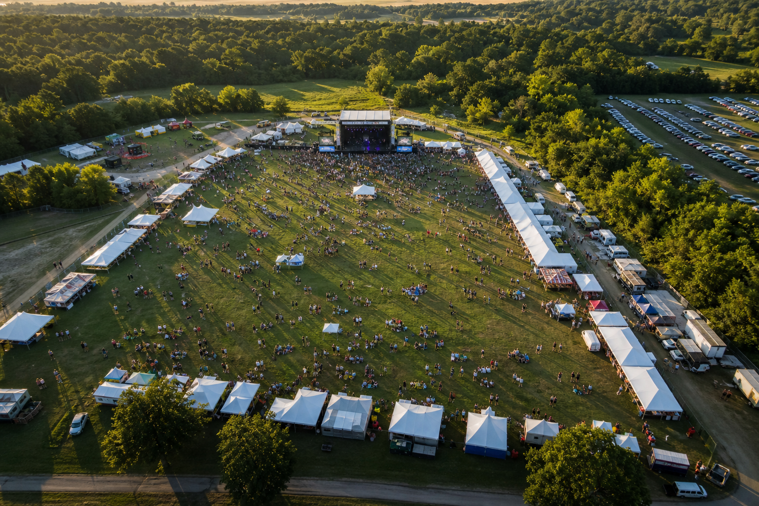 Aerial view of a large outdoor festival with stage, tents, and parking