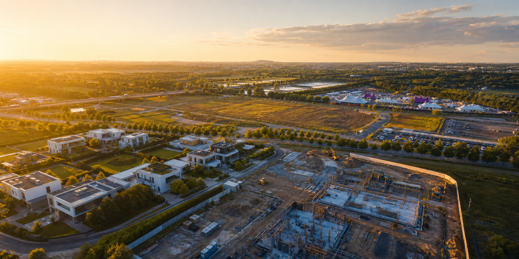 Aerial view of real estate, construction, and event grounds captured by drone