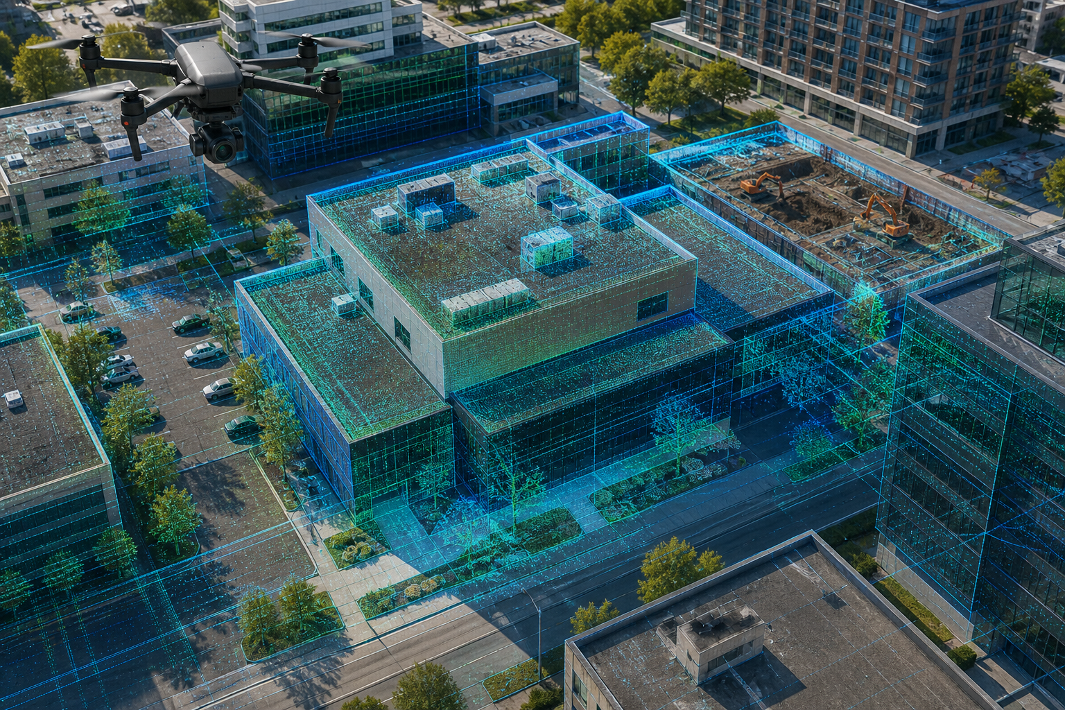 Drone LiDAR scan over Ontario commercial buildings and rooftops