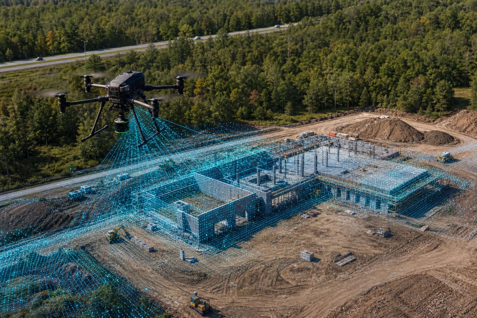 Drone LiDAR scan over an Ontario construction site with point-cloud terrain and building data