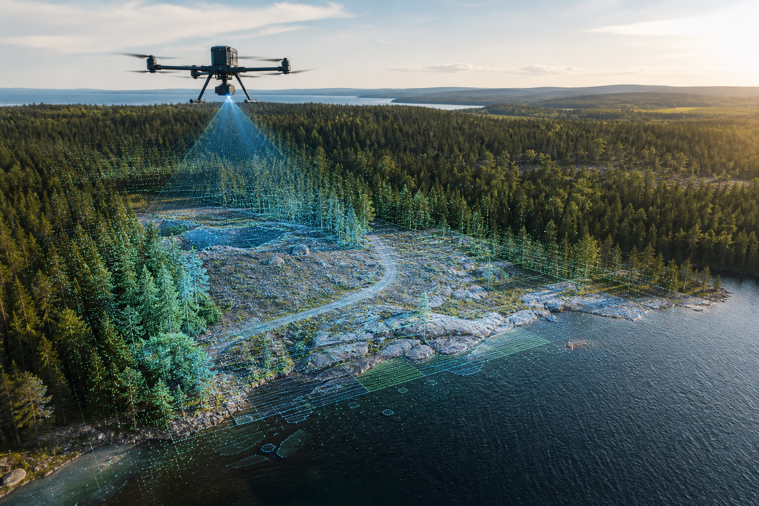 Drone LiDAR scan over Northern Ontario shoreline, forest, rock, and access road