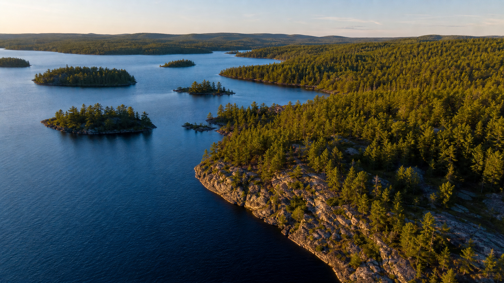 Aerial view of Northern Ontario lake islands and pine forest