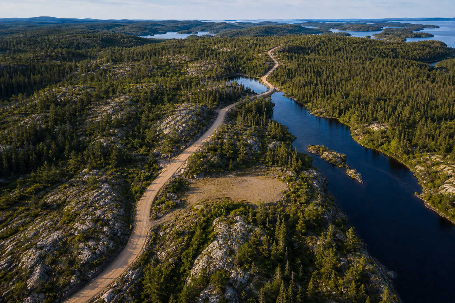 Remote Northern Ontario aerial view of road access, forest, rock, and water