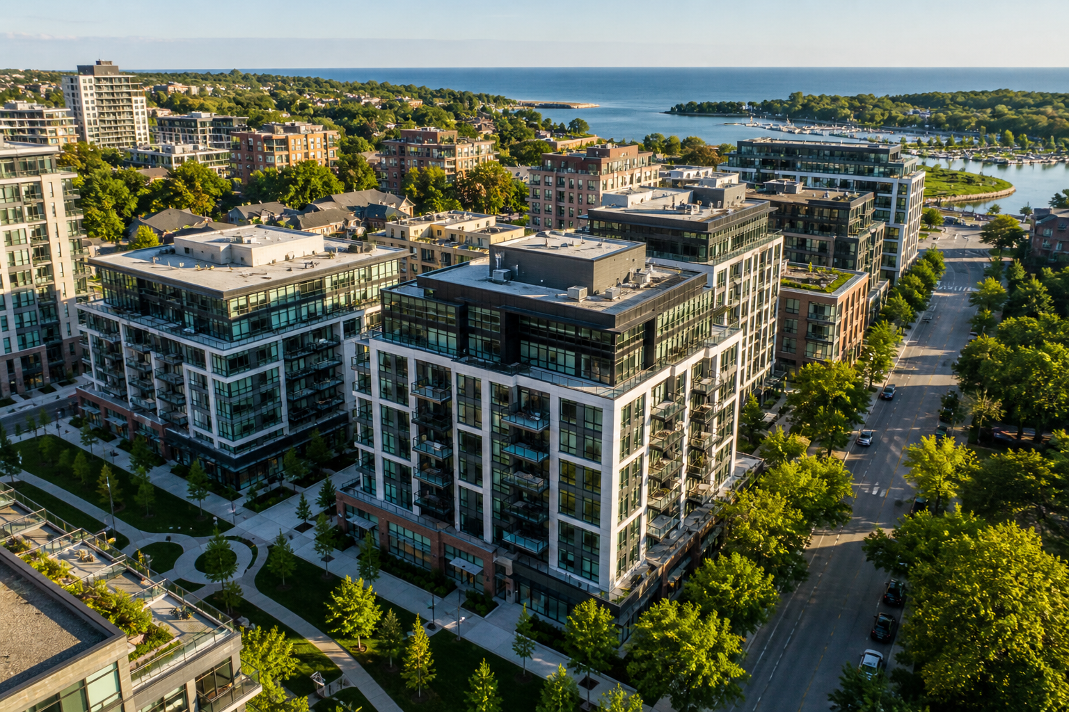 Aerial view of modern Ontario buildings near water