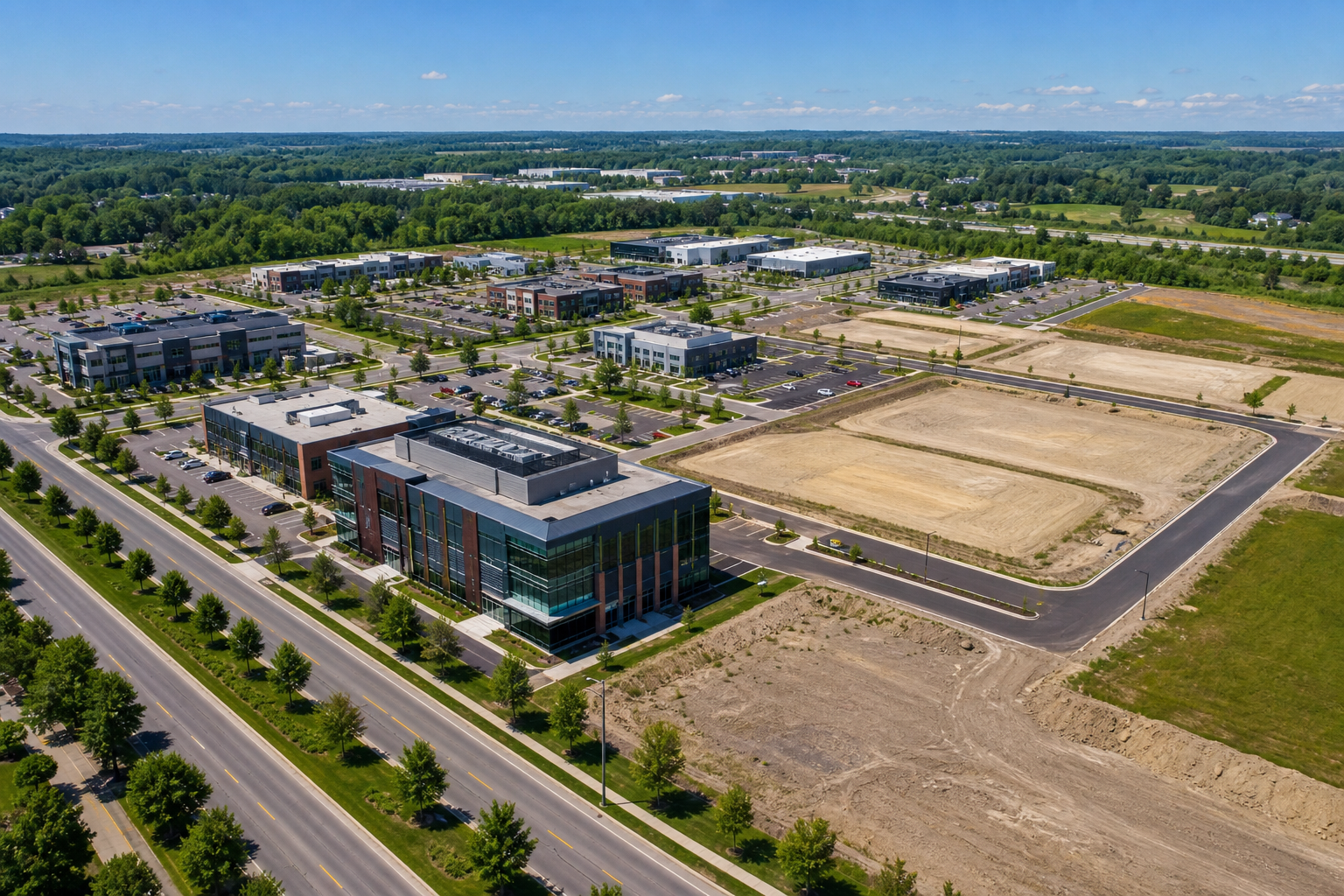 Aerial view of Ontario commercial buildings and development land